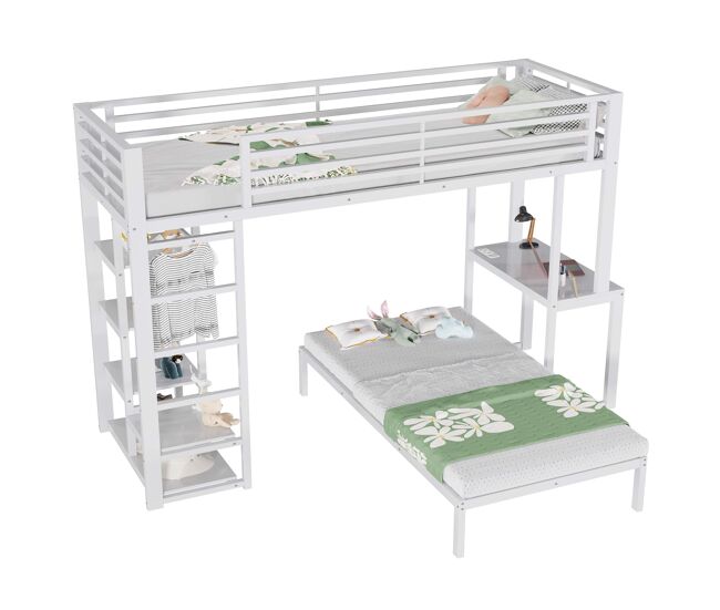 Litera alta 90 x 200 cm - 2 plazas, escritorio, doble enchufe usb y type-c, 4 estantes, almacenamiento para ropa, sin colchón - blanco