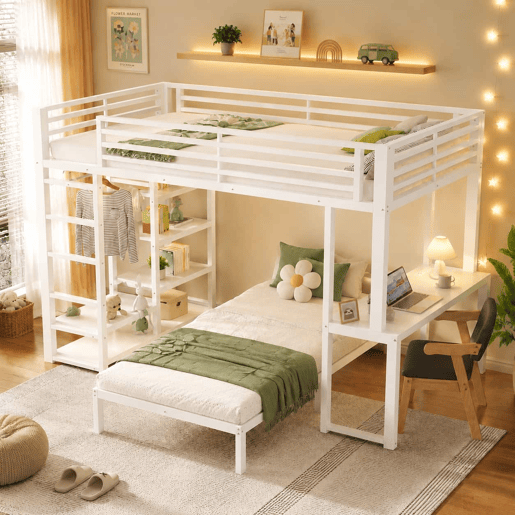 Beliche alto 90 x 200 cm - 2 lugares, secretária, duas entradas USB e Type-C, 4 prateleiras, espaço para guardar roupa, sem colchão - Branco Beliche alto 90 x 200 cm - 2 lugares, secretária, duas entradas USB e Type-C, 4 prateleiras, espaço para guardar roupa, sem colchão - Branco
