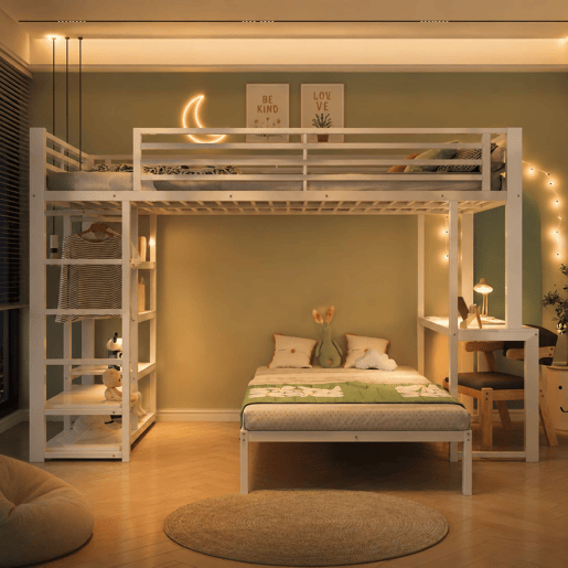 Beliche alto 90 x 200 cm - 2 lugares, secretária, duas entradas USB e Type-C, 4 prateleiras, espaço para guardar roupa, sem colchão - Branco Beliche alto 90 x 200 cm - 2 lugares, secretária, duas entradas USB e Type-C, 4 prateleiras, espaço para guardar roupa, sem colchão - Branco