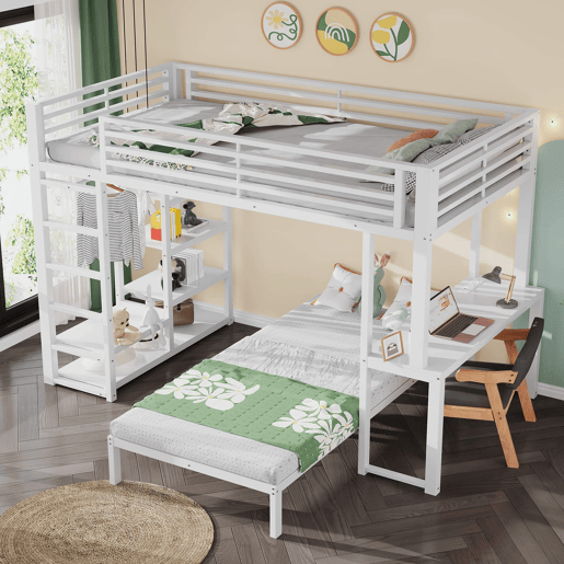 Beliche alto 90 x 200 cm - 2 lugares, secretária, duas entradas USB e Type-C, 4 prateleiras, espaço para guardar roupa, sem colchão - Branco Beliche alto 90 x 200 cm - 2 lugares, secretária, duas entradas USB e Type-C, 4 prateleiras, espaço para guardar roupa, sem colchão - Branco
