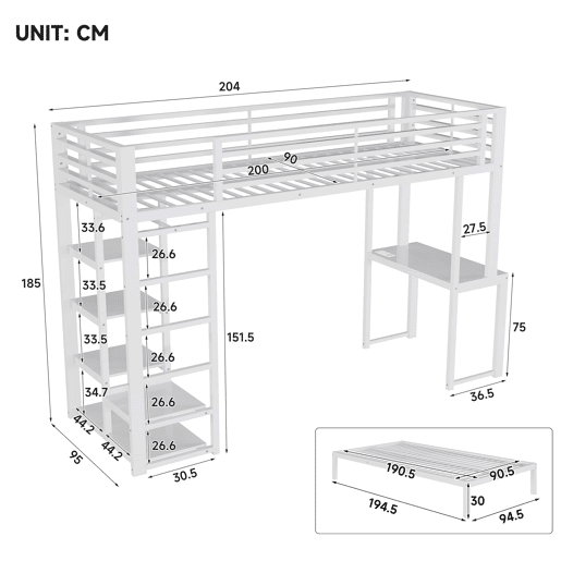 Beliche alto 90 x 200 cm - 2 lugares, secretária, duas entradas USB e Type-C, 4 prateleiras, espaço para guardar roupa, sem colchão - Branco Beliche alto 90 x 200 cm - 2 lugares, secretária, duas entradas USB e Type-C, 4 prateleiras, espaço para guardar roupa, sem colchão - Branco