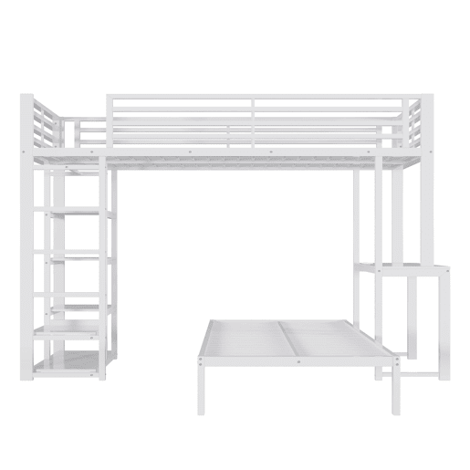 Beliche alto 90 x 200 cm - 2 lugares, secretária, duas entradas USB e Type-C, 4 prateleiras, espaço para guardar roupa, sem colchão - Branco Beliche alto 90 x 200 cm - 2 lugares, secretária, duas entradas USB e Type-C, 4 prateleiras, espaço para guardar roupa, sem colchão - Branco