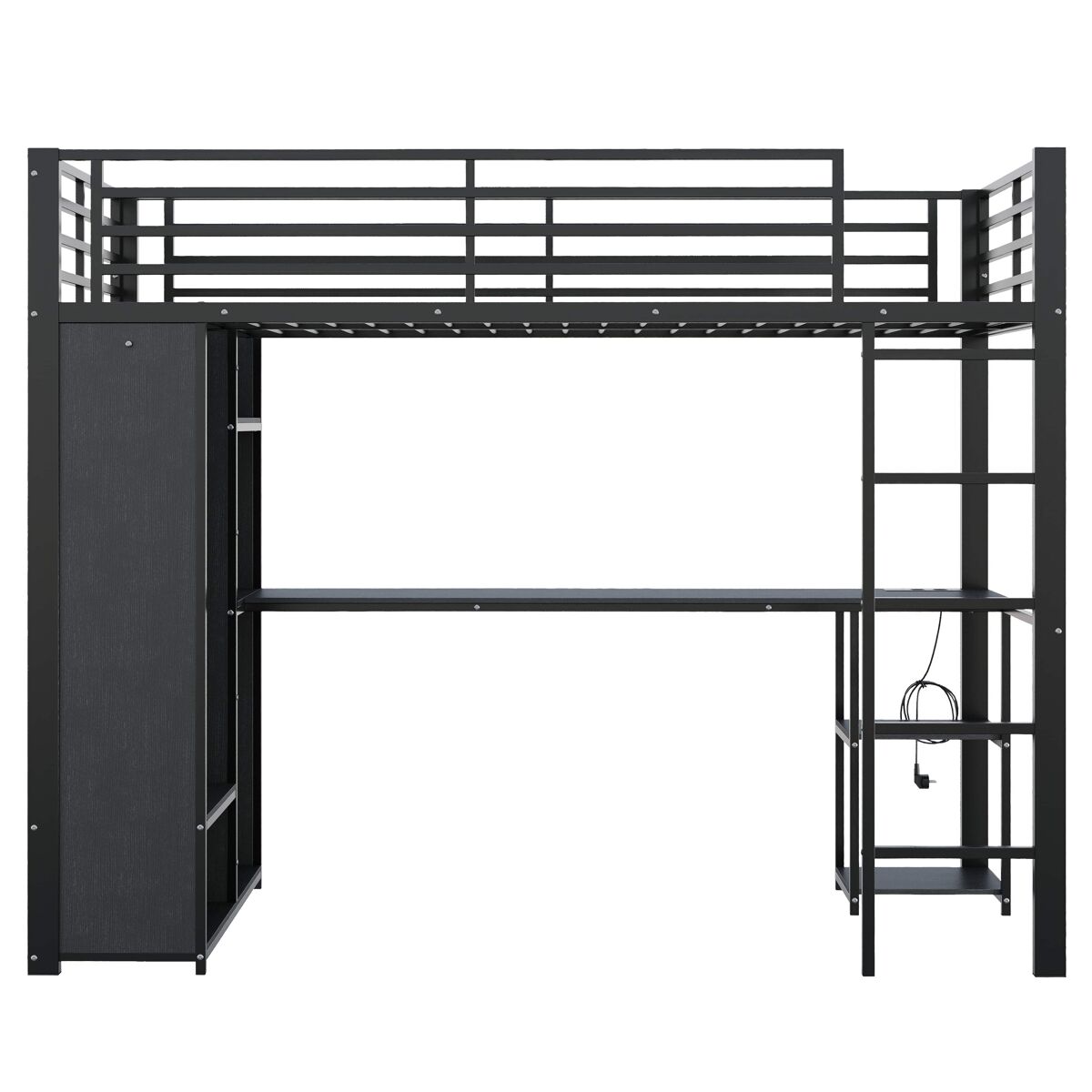 Cama alta 90 x 200 cm - estructura metálica, escritorio, led, usb y type-c, 3 estantes, armario abierto y compartimento, sin colchón - negro