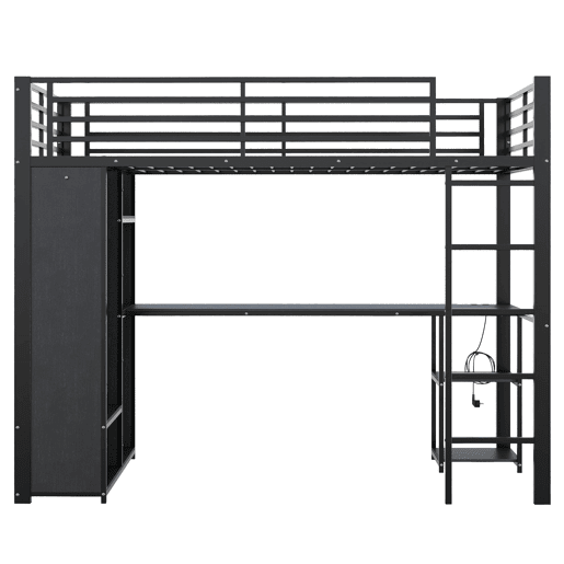 Cama alta 90 x 200 cm - estrutura metálica, secretária, LED, USB e Type-C, 3 prateleiras, roupeiro aberto e compartimento, sem colchão - Preto