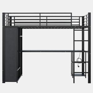 Cama alta 90 x 200 cm - estrutura metálica, secretária, LED, USB e Type-C, 3 prateleiras, roupeiro aberto e compartimento, sem colchão - Preto