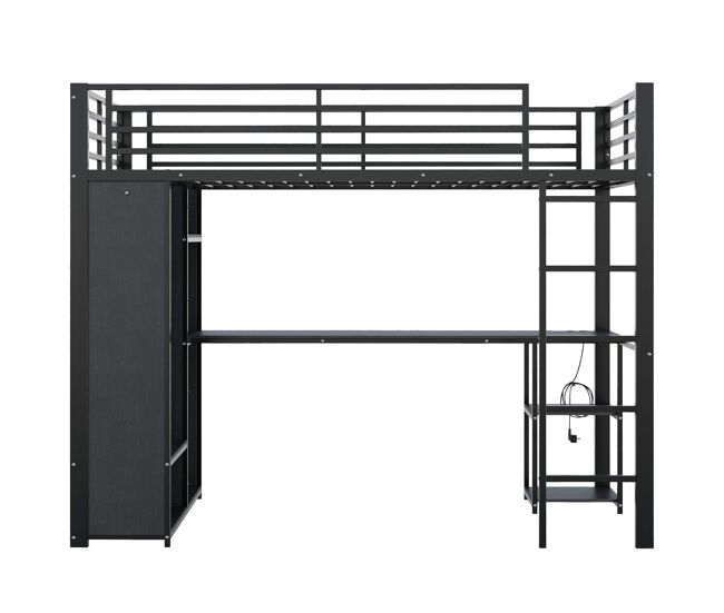 Cama alta 90 x 200 cm - estructura metálica, escritorio, led, usb y type-c, 3 estantes, armario abierto y compartimento, sin colchón - negro