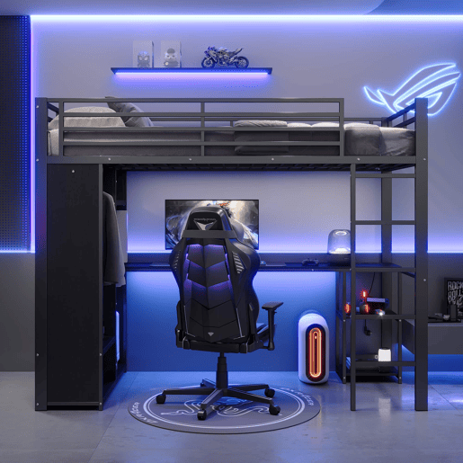 Cama alta 90 x 200 cm - estrutura metálica, secretária, LED, USB e Type-C, 3 prateleiras, roupeiro aberto e compartimento, sem colchão - Preto
