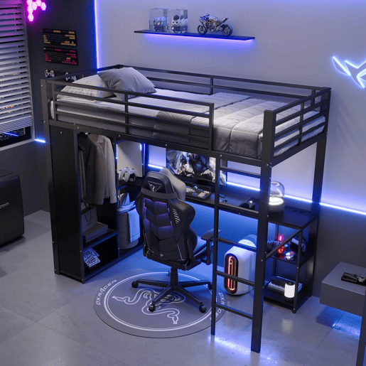 Cama alta 90 x 200 cm - estrutura metálica, secretária, LED, USB e Type-C, 3 prateleiras, roupeiro aberto e compartimento, sem colchão - Preto