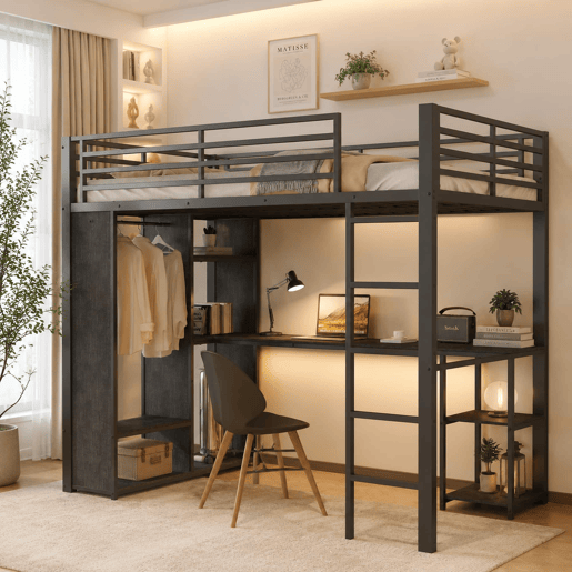 Cama alta 90 x 200 cm - estrutura metálica, secretária, LED, USB e Type-C, 3 prateleiras, roupeiro aberto e compartimento, sem colchão - Preto