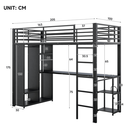 Cama alta 90 x 200 cm - estrutura metálica, secretária, LED, USB e Type-C, 3 prateleiras, roupeiro aberto e compartimento, sem colchão - Preto
