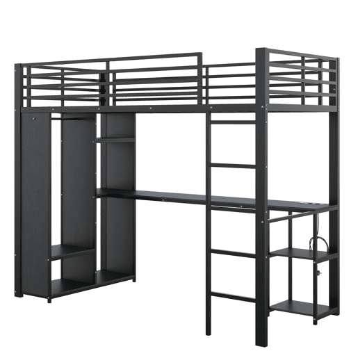 Cama alta 90 x 200 cm - estrutura metálica, secretária, LED, USB e Type-C, 3 prateleiras, roupeiro aberto e compartimento, sem colchão - Preto