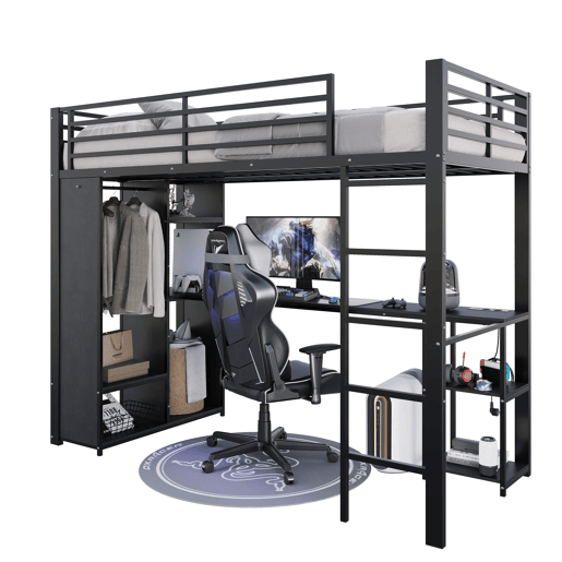 Cama alta 90 x 200 cm - estrutura metálica, secretária, LED, USB e Type-C, 3 prateleiras, roupeiro aberto e compartimento, sem colchão - Preto