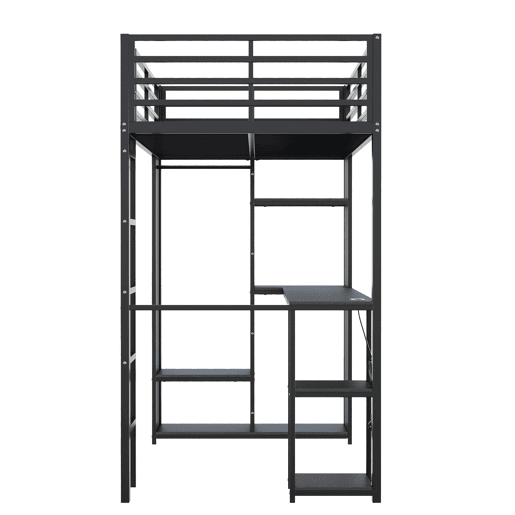 Cama alta 90 x 200 cm - estrutura metálica, secretária, LED, USB e Type-C, 3 prateleiras, roupeiro aberto e compartimento, sem colchão - Preto
