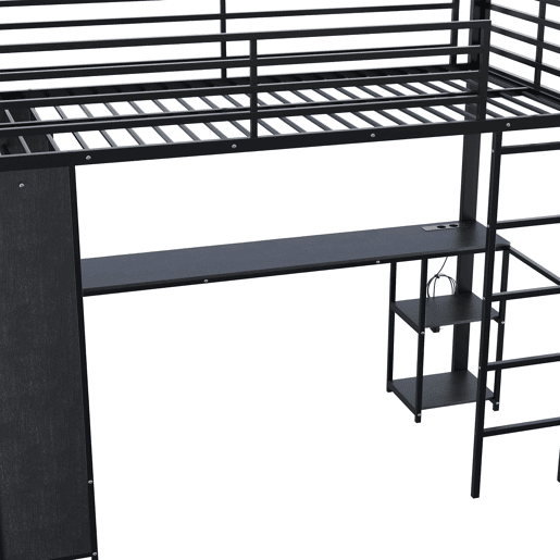 Cama alta 90 x 200 cm - estrutura metálica, secretária, LED, USB e Type-C, 3 prateleiras, roupeiro aberto e compartimento, sem colchão - Preto