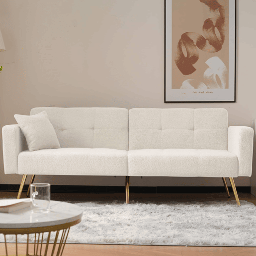 Sofá de 2 lugares - encosto reclinável, pés dourados, almofadas e bolsos laterais - Branco