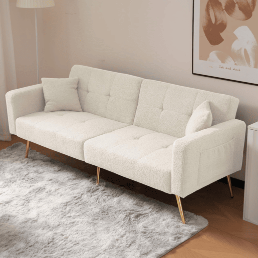 Sofá de 2 lugares - encosto reclinável, pés dourados, almofadas e bolsos laterais - Branco