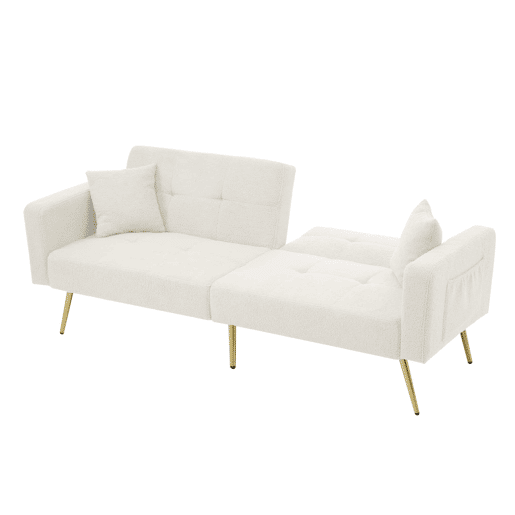 Sofá de 2 lugares - encosto reclinável, pés dourados, almofadas e bolsos laterais - Branco
