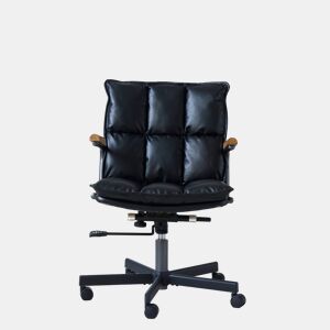 Cadeira de escritório ergonómica - couro, rodas, apoios de braços em carvalho, altura ajustável e rotação de 360° - Preto