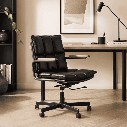 Cadeira de escritório ergonómica - couro, rodas, apoios de braços em carvalho, altura ajustável e rotação de 360° - Preto