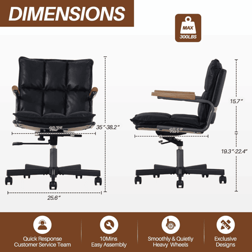 Cadeira de escritório ergonómica - couro, rodas, apoios de braços em carvalho, altura ajustável e rotação de 360° - Preto