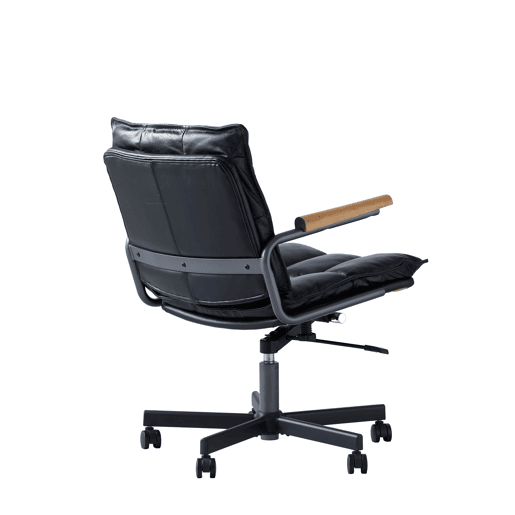 Cadeira de escritório ergonómica - couro, rodas, apoios de braços em carvalho, altura ajustável e rotação de 360° - Preto