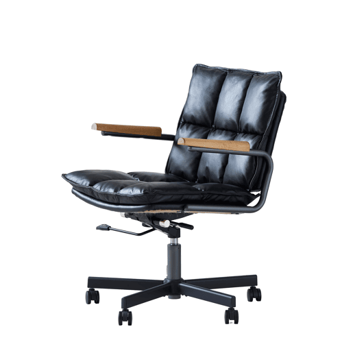 Cadeira de escritório ergonómica - couro, rodas, apoios de braços em carvalho, altura ajustável e rotação de 360° - Preto