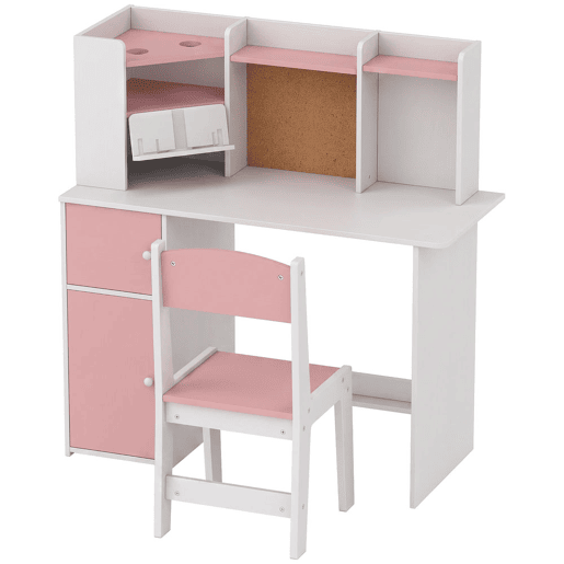 AIYAPLAY Secretária Infantil com Cadeira, Suporte Ajustável para Tablet, Porta-lápis, Quadro de Cortiça, Estantes e Armários, Rosa, 5-12 Anos AIYAPLAY Secretária Infantil com Cadeira, Suporte Ajustável para Tablet, Porta-lápis, Quadro de Cortiça, Estantes e Armários, Rosa, 5-12 Anos