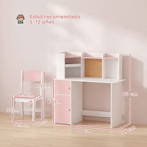 AIYAPLAY Secretária Infantil com Cadeira, Suporte Ajustável para Tablet, Porta-lápis, Quadro de Cortiça, Estantes e Armários, Rosa, 5-12 Anos AIYAPLAY Secretária Infantil com Cadeira, Suporte Ajustável para Tablet, Porta-lápis, Quadro de Cortiça, Estantes e Armários, Rosa, 5-12 Anos