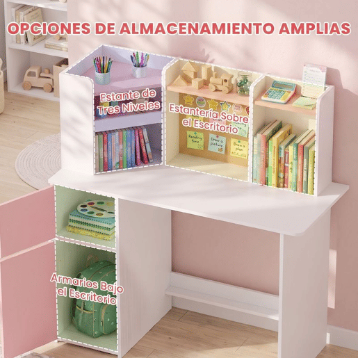 AIYAPLAY Secretária Infantil com Cadeira, Suporte Ajustável para Tablet, Porta-lápis, Quadro de Cortiça, Estantes e Armários, Rosa, 5-12 Anos AIYAPLAY Secretária Infantil com Cadeira, Suporte Ajustável para Tablet, Porta-lápis, Quadro de Cortiça, Estantes e Armários, Rosa, 5-12 Anos