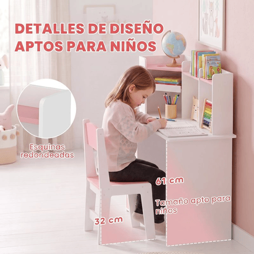 AIYAPLAY Secretária Infantil com Cadeira, Suporte Ajustável para Tablet, Porta-lápis, Quadro de Cortiça, Estantes e Armários, Rosa, 5-12 Anos AIYAPLAY Secretária Infantil com Cadeira, Suporte Ajustável para Tablet, Porta-lápis, Quadro de Cortiça, Estantes e Armários, Rosa, 5-12 Anos