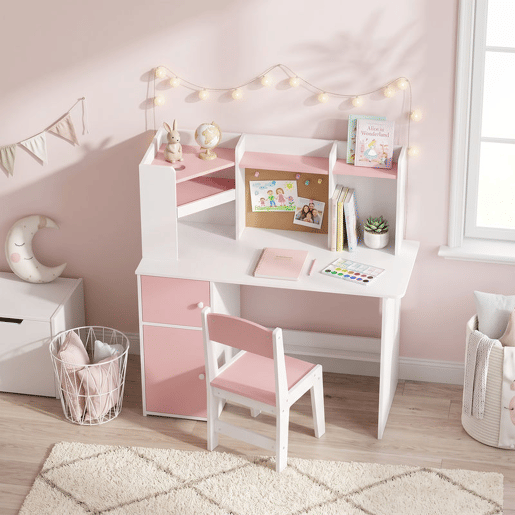 AIYAPLAY Secretária Infantil com Cadeira, Suporte Ajustável para Tablet, Porta-lápis, Quadro de Cortiça, Estantes e Armários, Rosa, 5-12 Anos AIYAPLAY Secretária Infantil com Cadeira, Suporte Ajustável para Tablet, Porta-lápis, Quadro de Cortiça, Estantes e Armários, Rosa, 5-12 Anos