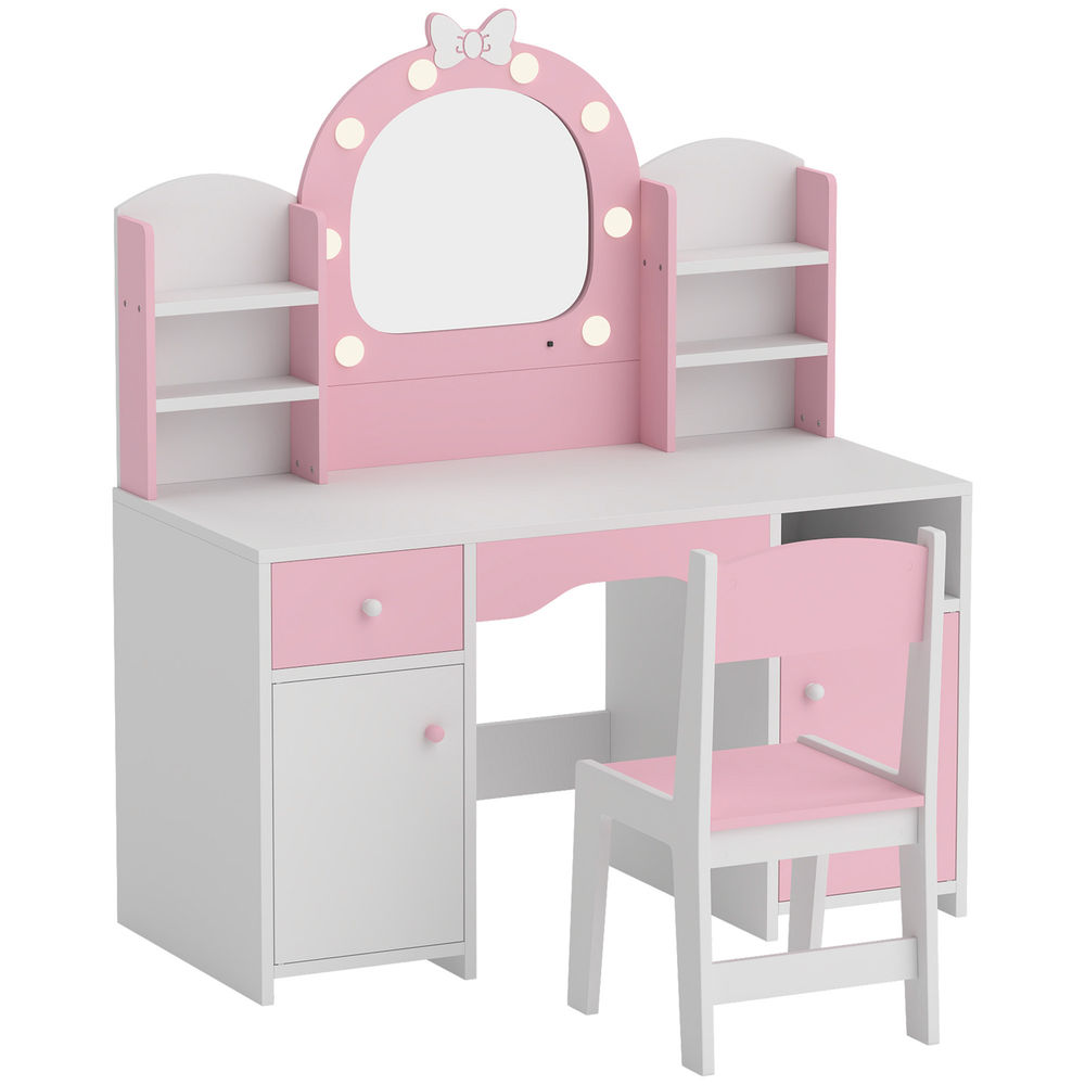 Aiyaplay tocador de maquillaje niña con espejo de led de 2 colores, taburete, 2 armarios, cajón, estantes, compartimento abierto, tocador infantil