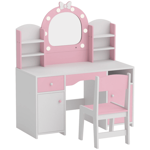 AIYAPLAY Penteadeira Infantil com Espelho LED 2 Cores, Banco, 2 Armários e Gaveta, Rosa AIYAPLAY Penteadeira Infantil com Espelho LED 2 Cores, Banco, 2 Armários e Gaveta, Rosa