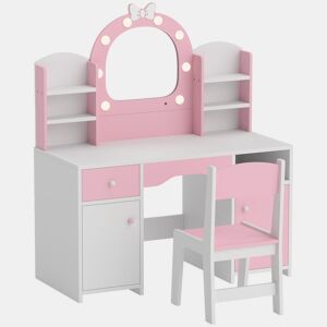 AIYAPLAY Penteadeira Infantil com Espelho LED 2 Cores, Banco, 2 Armários e Gaveta, Rosa