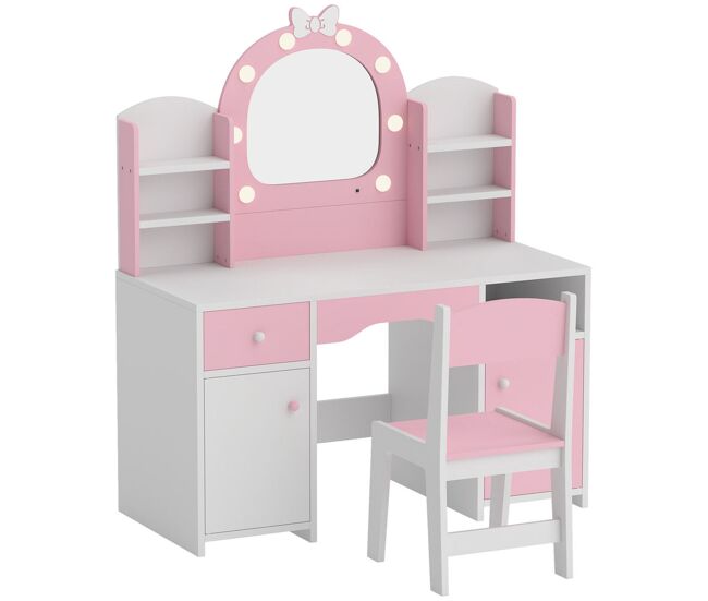 Aiyaplay tocador de maquillaje niña con espejo de led de 2 colores, taburete, 2 armarios, cajón, estantes, compartimento abierto, tocador infantil