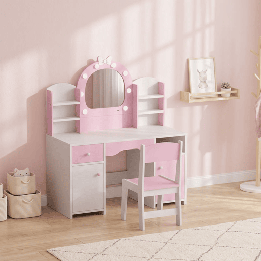 AIYAPLAY Penteadeira Infantil com Espelho LED 2 Cores, Banco, 2 Armários e Gaveta, Rosa AIYAPLAY Penteadeira Infantil com Espelho LED 2 Cores, Banco, 2 Armários e Gaveta, Rosa