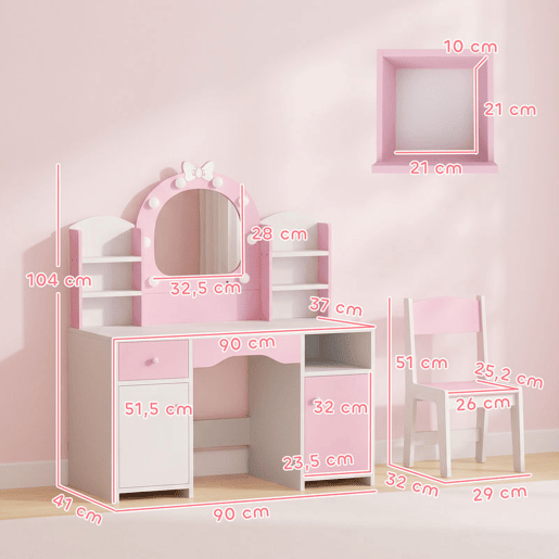 AIYAPLAY Penteadeira Infantil com Espelho LED 2 Cores, Banco, 2 Armários e Gaveta, Rosa AIYAPLAY Penteadeira Infantil com Espelho LED 2 Cores, Banco, 2 Armários e Gaveta, Rosa