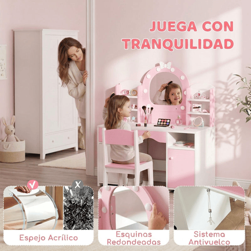 AIYAPLAY Penteadeira Infantil com Espelho LED 2 Cores, Banco, 2 Armários e Gaveta, Rosa AIYAPLAY Penteadeira Infantil com Espelho LED 2 Cores, Banco, 2 Armários e Gaveta, Rosa