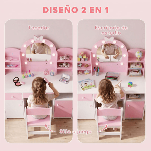 AIYAPLAY Penteadeira Infantil com Espelho LED 2 Cores, Banco, 2 Armários e Gaveta, Rosa AIYAPLAY Penteadeira Infantil com Espelho LED 2 Cores, Banco, 2 Armários e Gaveta, Rosa