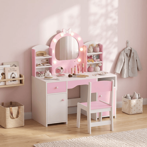 AIYAPLAY Penteadeira Infantil com Espelho LED 2 Cores, Banco, 2 Armários e Gaveta, Rosa AIYAPLAY Penteadeira Infantil com Espelho LED 2 Cores, Banco, 2 Armários e Gaveta, Rosa