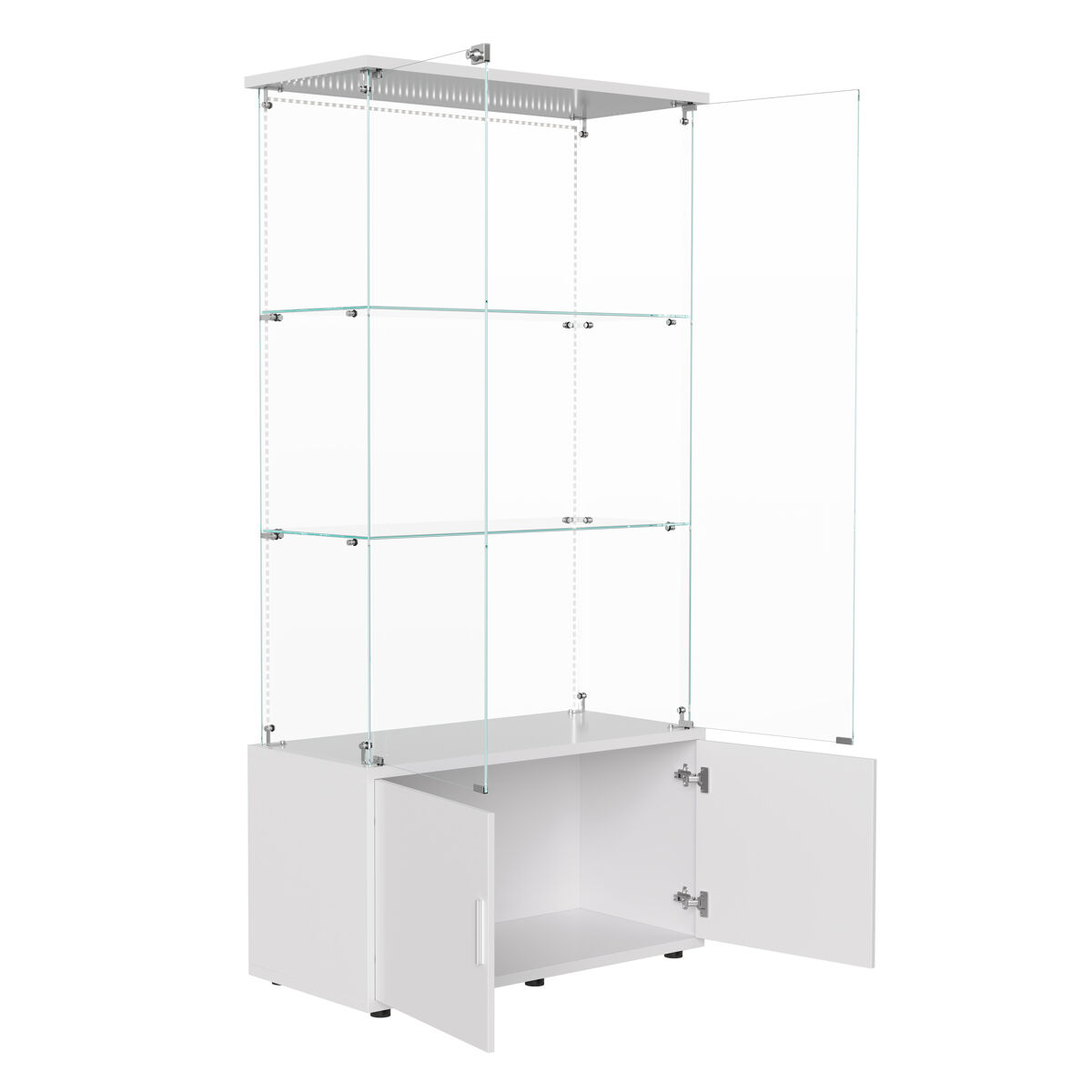 Vitrina de cristal de 3 niveles con unidad de almacenamiento y tira led, moderna, blanca.