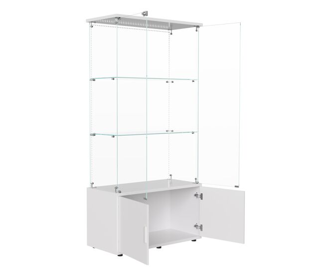 Vitrina de cristal de 3 niveles con unidad de almacenamiento y tira led, moderna, blanca.