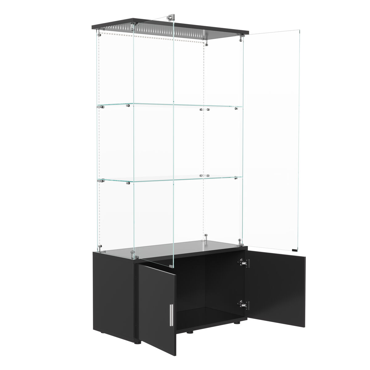 Vitrina de cristal de 3 niveles con unidad de almacenamiento y tira led, moderna, negra.