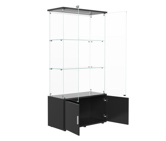 Vitrina de cristal de 3 niveles con unidad de almacenamiento y tira led, moderna, negra.