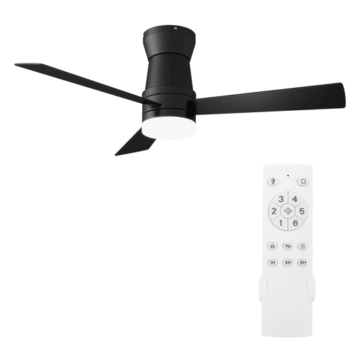 Ventoinha de teto 42 preta com luz LED, 3 pás, motor DC reversível, comando à distância, 3 temperaturas de cor, silenciosa