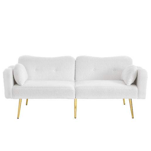 Sofá de 2 lugares - encosto ajustável, função cama 2 em 1 e pés metálicos dourados - Branco