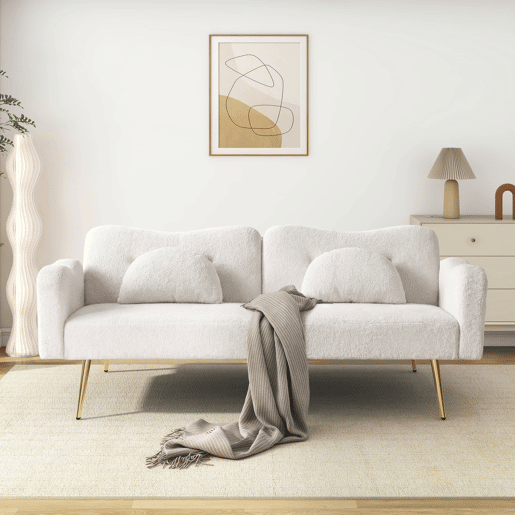 Sofá de 2 lugares - encosto ajustável, função cama 2 em 1 e pés metálicos dourados - Branco