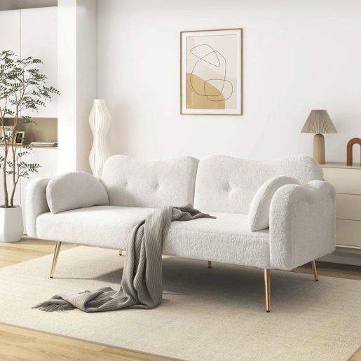 Sofá de 2 lugares - encosto ajustável, função cama 2 em 1 e pés metálicos dourados - Branco
