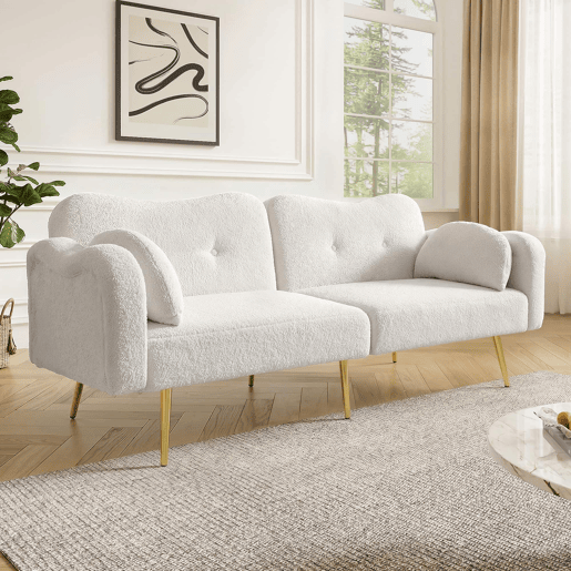 Sofá de 2 lugares - encosto ajustável, função cama 2 em 1 e pés metálicos dourados - Branco