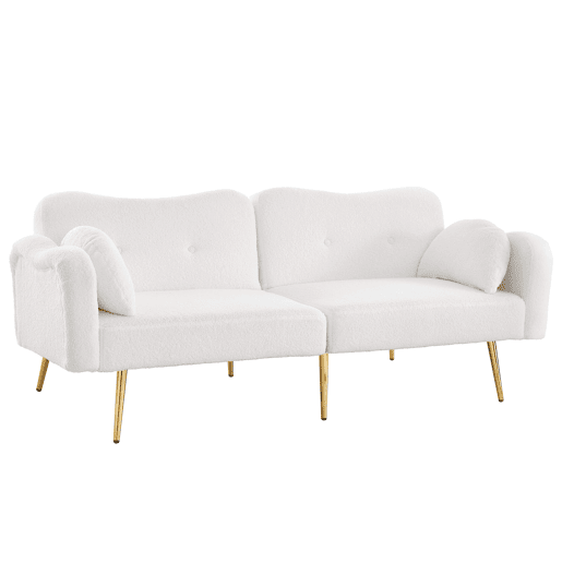 Sofá de 2 lugares - encosto ajustável, função cama 2 em 1 e pés metálicos dourados - Branco